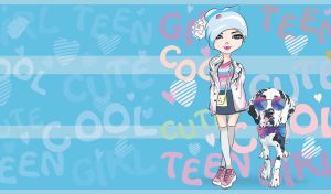 Cartoon teenage girl in a blue hat and a Dalmatian dog on a pastel blue