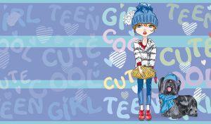 Cartoon red hair teenage girl in a blue hat and a Skye Terrier on a pastel navy