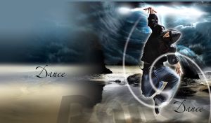 Dancing boy with swirls and angel wings on a dark blue stormy sky with sea stones