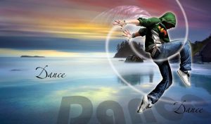 Dancing boy with swirls and angel wings on a sun-setting sky with calm blue water