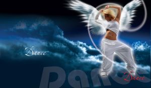 Dancing girl in white with swirls and angel wings on the dark blue illuminated clouds