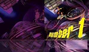 Bike rider in flight on a purple night city background