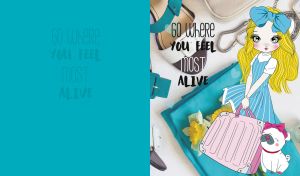 Animated blonde girl with a cute dog ready to travel on a teal backdrop