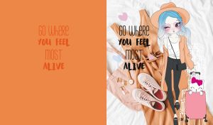 Animated stylish girl and cat ready to travel on an orange backdrop