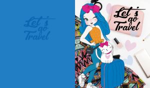 Animated stylish girl and cat with luggage ready for travel on a blue backdrop