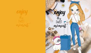 Animated stylish girl and dog with luggage ready for travel on a yellow backdrop