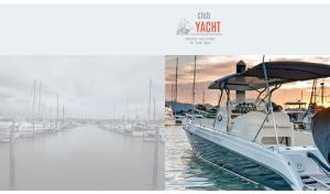 Side shot of a teal and white motor boat at sunset on a pastel grey backdrop