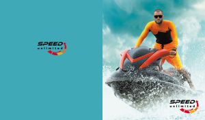 Man riding a jet ski through splashing water on a teal backdrop