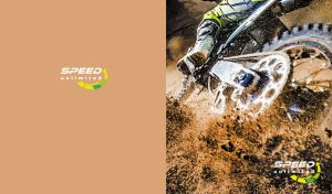 Dynamic motocross bike scene with splashes of mud on a dark beige backdrop