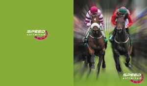 Dynamic horse racing action on a blurred track on a yellow-green backdrop