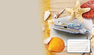 Photo of white and blue cruise ship lays in the light beige sand