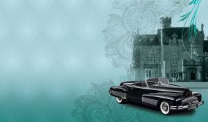 Black vintage Buick Y-Job 1938 against the sepia teal castle facade