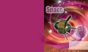 Handmade shiny metallic satellite travels through the orange and pink spiral galaxy