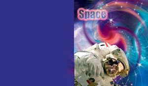 Astronaut in a white spacesuit moves in open space through a purple-blue spiral galaxy