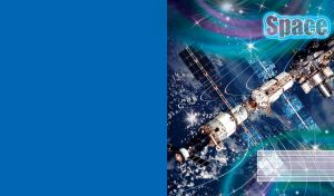 White satellite moves in the open space through a violet-blue spiral galaxy