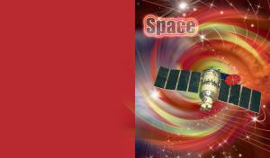 White and shiny metallic satellite travels through the red and yellow spiral galaxy