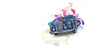 Navy blue metallic retro car on a white backdrop with a multicolored stencils