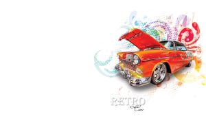 Red orange metallic retro car on a white backdrop with a multicolored stencils