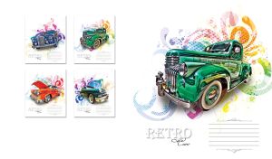 Green metallic retro truck on a white backdrop with a multicolored stencils