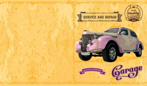 Poster of a pink retro car at a repair service on a yellow grunge backdrop