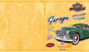 Poster of a green retro car at a repair service on a yellow grunge backdrop