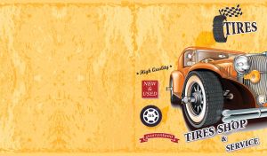 Poster of an orange retro car at a tires shop on a yellow grunge backdrop