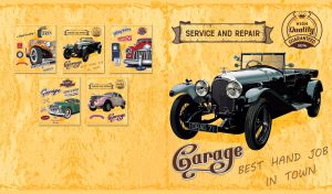 Poster of a dark green retro car at a repair service on a yellow grunge backdrop