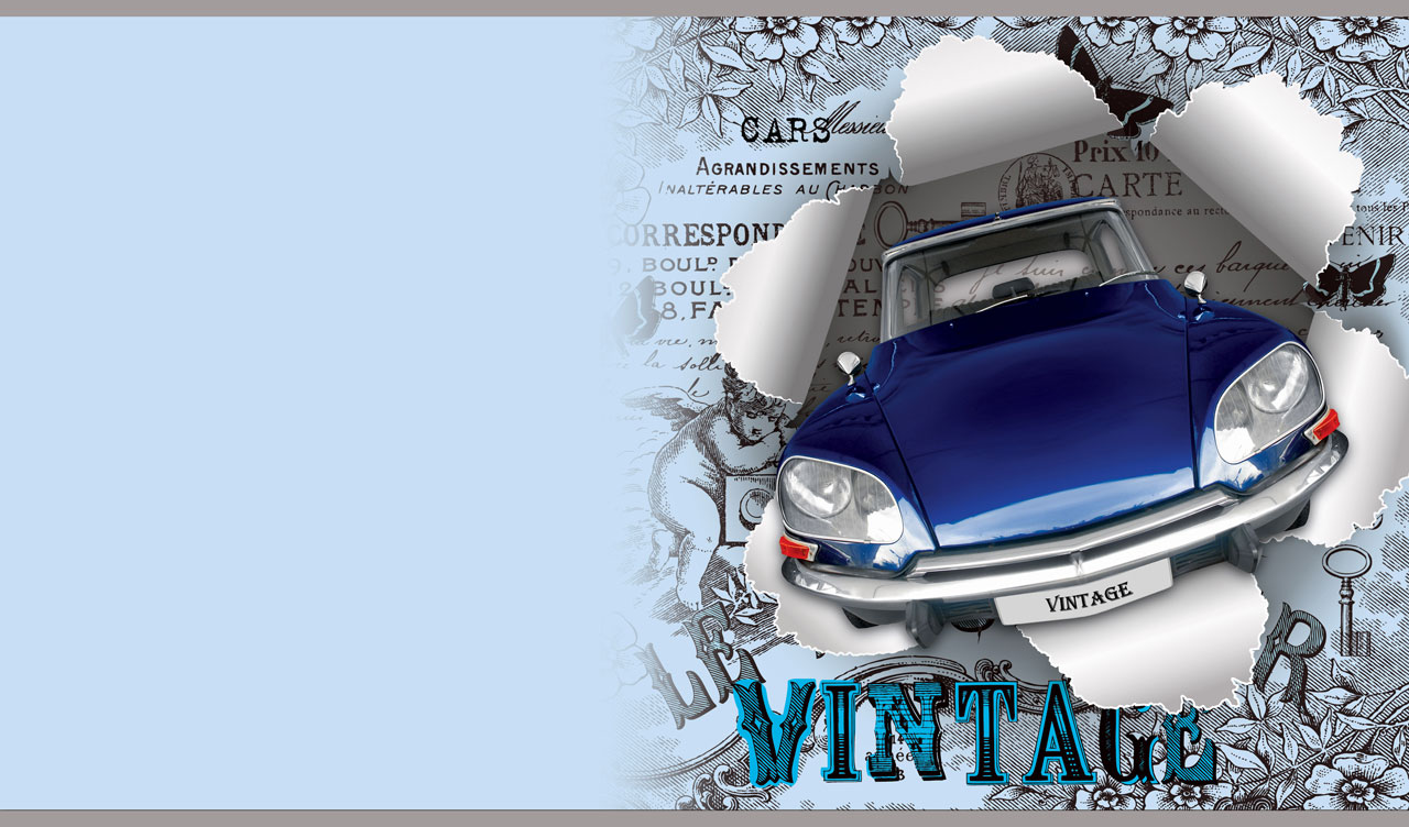 Metallic navy blue retro car on a vintage, pastel blue torn paper background
