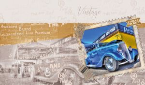 Postage stamp with a vintage 1934 Ford Roadster Hot Rod at an outdoor film set