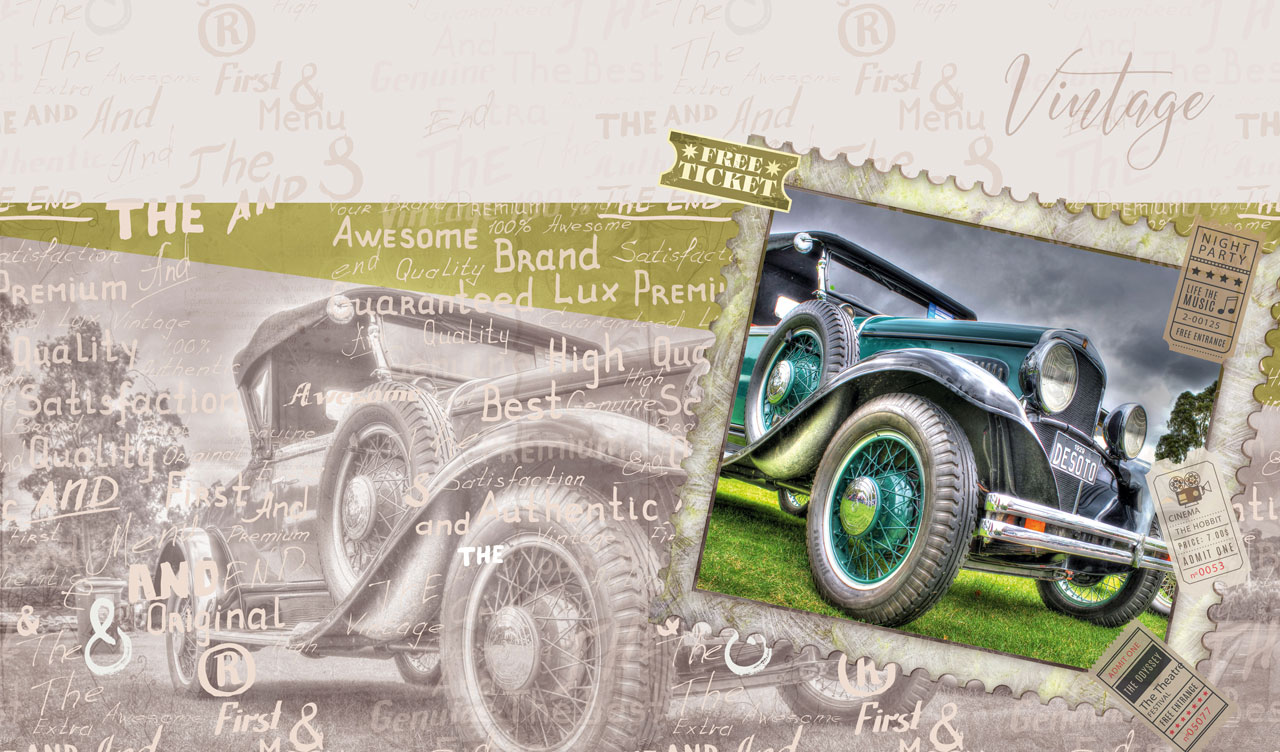 Postage stamp with a vintage 1929 Desoto Model K Roadster in a storm
