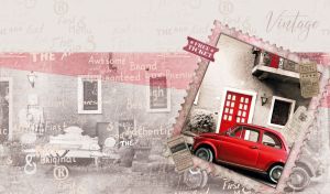 Postage stamp with a vintage 1957 Fiat 500 parked by an old town house