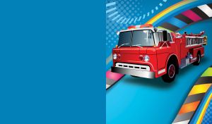 Red fire truck drives along an abstract road on a blue, techno background