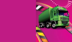 Green special mission truck drives along the road on a pink, techno background