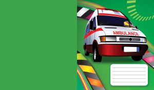 Red and white ambulance drives along the road on a green, techno background