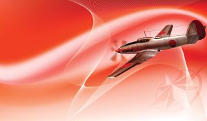 Grey fighter plane model flies in a gradient red sky with contrails