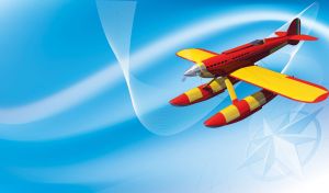 Red seaplane with yellow wings flies in a gradient teal-blue sky with contrails