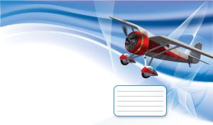 Red and grey single engine plane flies in a gradient blue sky with contrails