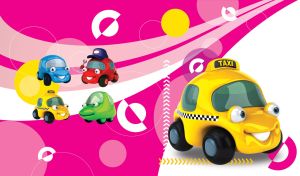 Yellow cartoon taxi car on a pink and white abstract background