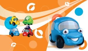 Blue cartoon cheerful car on an orange and white abstract background