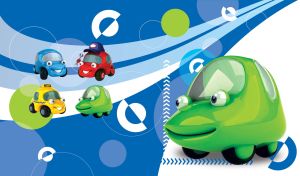 Green cartoon car with good natured look on a blue and white abstract background