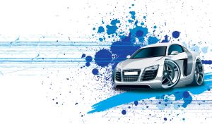 A silver cartoon Audi on a white backdrop with blue blots and stains