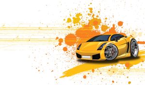 An orange cartoon Lamborghini on a white with orange blots and stains