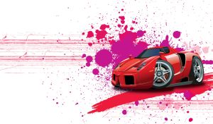 A red cartoon Ferrari Enzo on a white backdrop with purple blots and stains