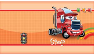 Red animated truck in a cap with a funny face stops at the rainbow traffic light