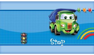 Green animated dump truck with a happy face stops at the rainbow traffic light