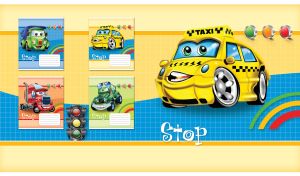 Yellow animated taxi with a friendly smile stops at the rainbow traffic light