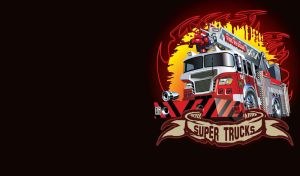 Cartoon red and white fire engine on an emergency mission on a black backdrop