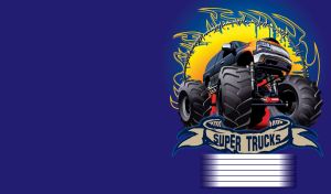 Cartoon black bigfoot monster truck on an emergency mission on a navy blue backdrop