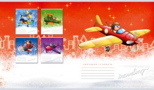 Drawing of a plane journey on the background of red and white gradient night sky