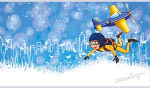 Drawing of a plane and skydiver of light blue and white night sky above the field